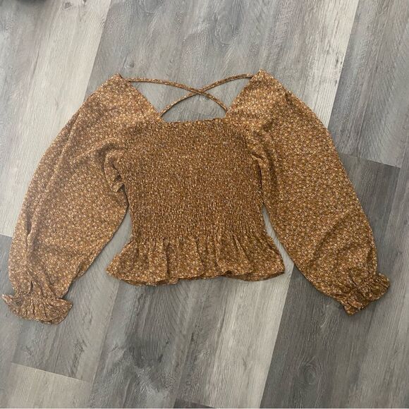 Papaya Floral Top Cross Back Ruffle Square Neck Smocked Medium - Picture 2 of 10